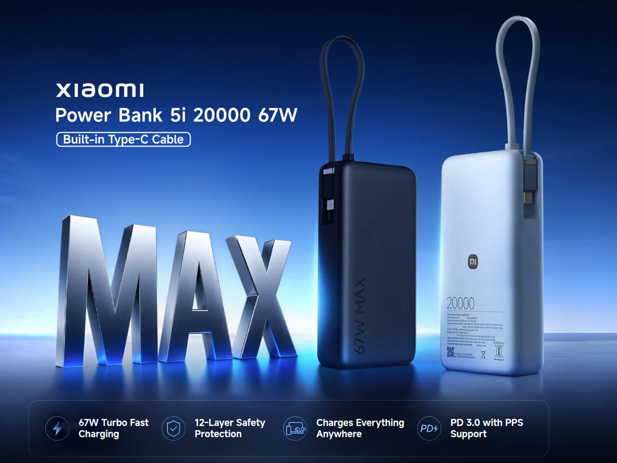 Xiaomi Power Bank 5i 20000 67W launched in India at ₹3,299 featuring built-in Type-C, digital display, 3 ports, and more 1 Xiaomi Power Bank 5i 20000 67W