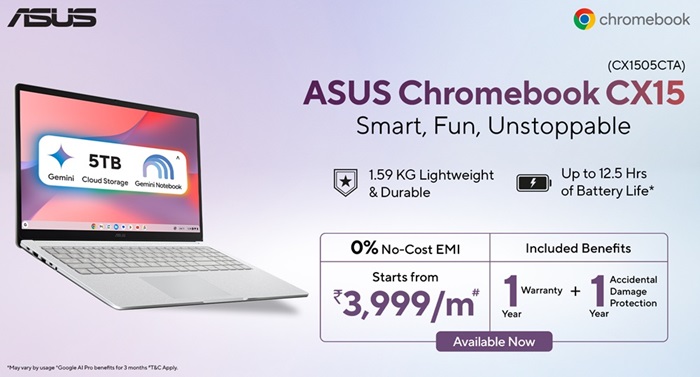 ASUS Chromebook CX15 (CX1505CTA) launched in India at ₹47,990 featuring Intel N50, military-grade design, 15.6-inch IPS display, 12.5h battery, Google AI Pro, and more 3 ASUS Chromebook CX15 (CX1505CTA) Price Offers
