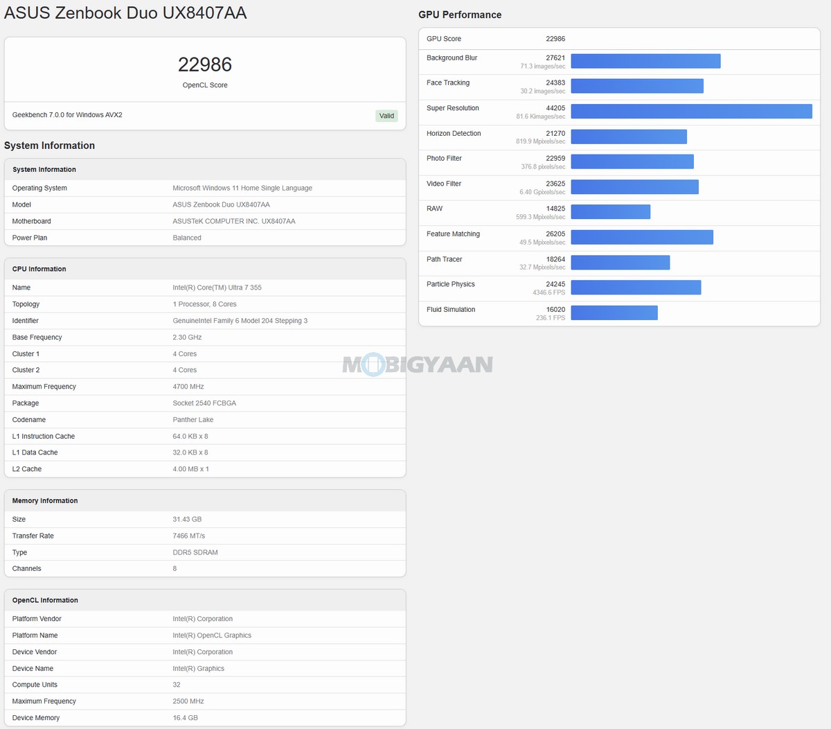 ASUS Zenbook DUO Review UX8407AA GeekBench 7 GPU Benchmark