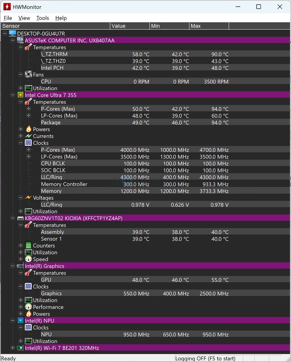 ASUS Zenbook DUO Review UX8407AA HWMonitor Temperatures Thermals