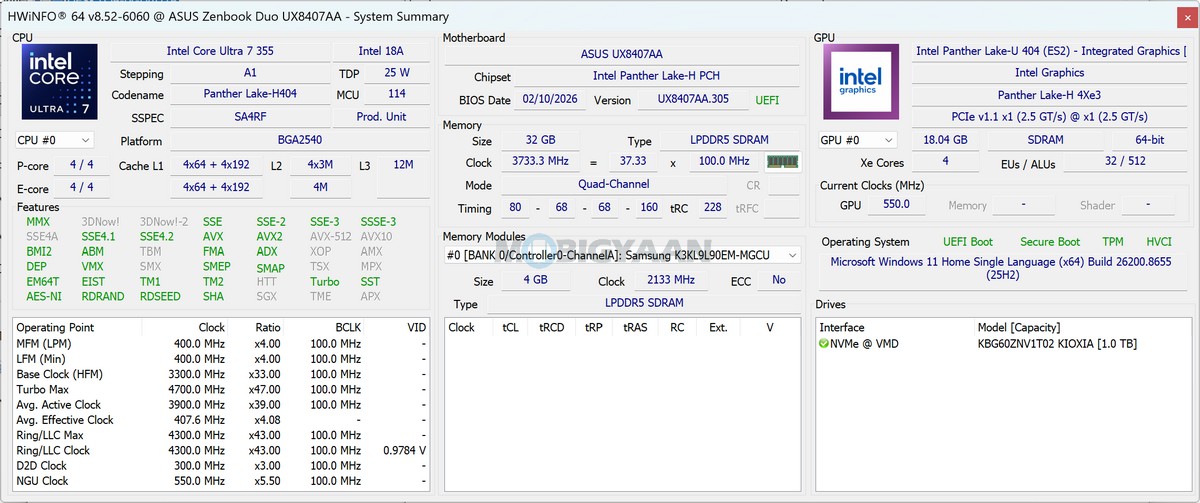 ASUS Zenbook DUO Review UX8407AA HWiNFO