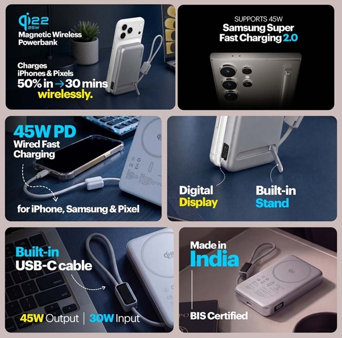 Stuffcool Odin Plus 10000mAh Power Bank launched in India at ₹4,499 with 25W Qi2.2 wireless charging, 45W wired charging, and built-In USB-C cable 3 Stuffcool Odin Plus 10,000 mAh Power Bank Features