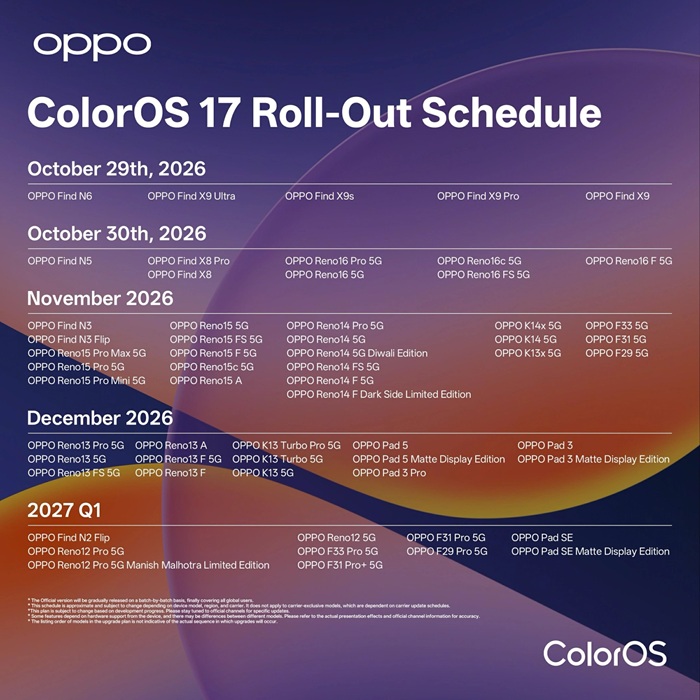 OPPO announces ColorOS 17; global rollout to begin with OPPO Find X10 Series 6 OPPO ColorOS 17 Roll Out Schedule