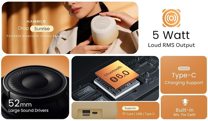 Hammer Drop Sunrise 5W Bluetooth speaker launched in India at ₹599 with 32-hour battery life and FM Radio support 3 Hammer Drop Sunrise Bluetooth Speaker Features