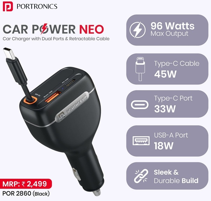 Portronics Car Power Neo 96W 3-in-1 Car Charger launched in India at ₹1,349 with retractable Type-C cable 3 Portronics Car Power Neo 96W Charger Features