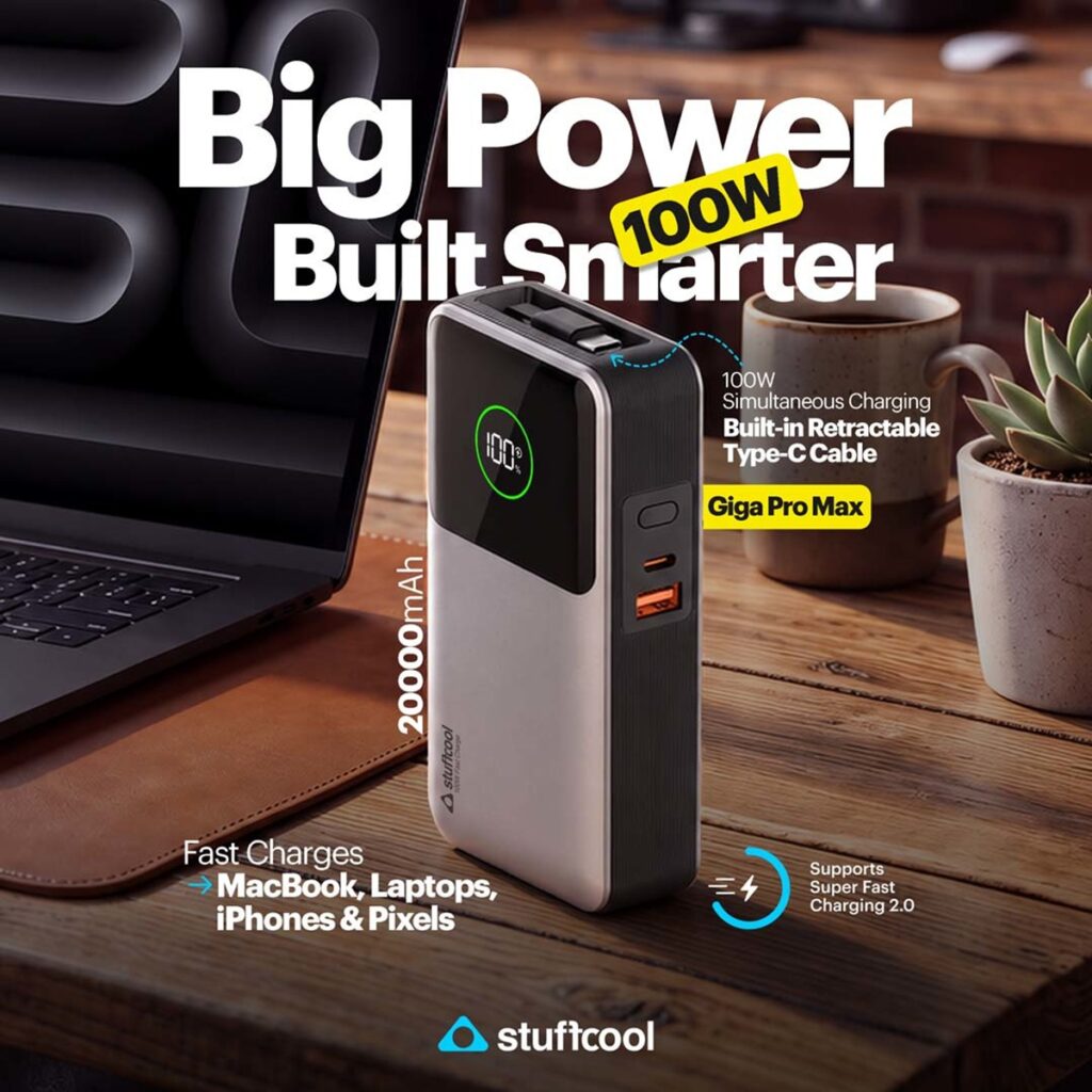 Stuffcool Giga Pro Max 20000mAh 100W Power Bank launched at ₹5,499 with built-in retractable USB-C cable